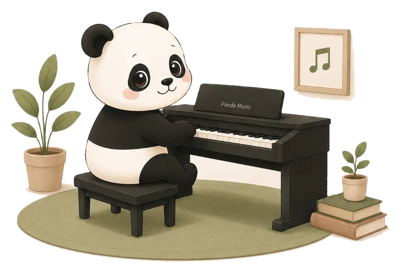 Panda bermain piano di samping tanaman